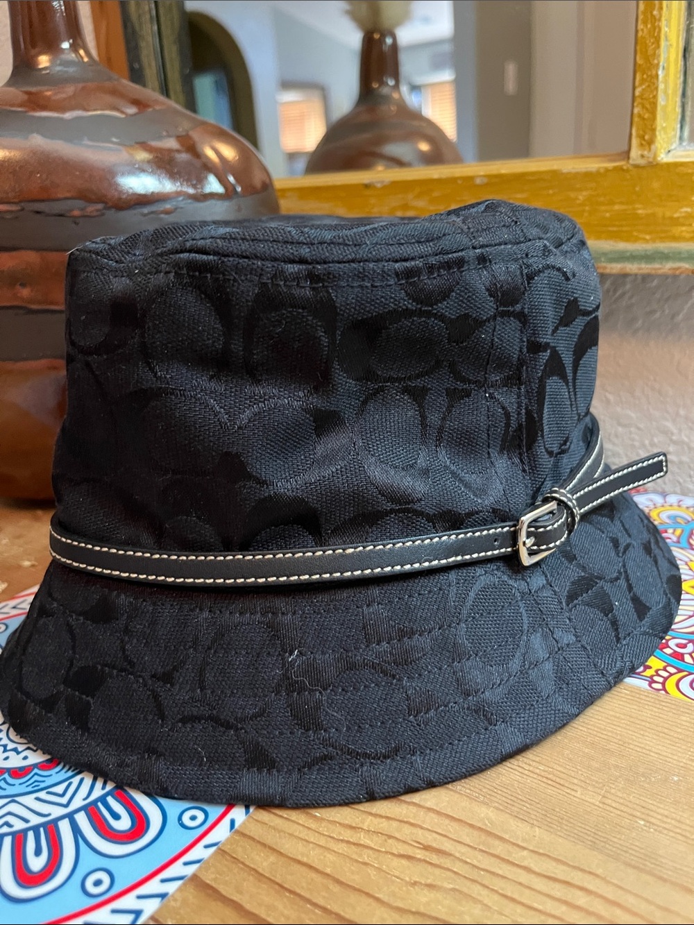 Coach Black Signature Canvas Bucket Hat with Contrasting Leather Trim Sz Small